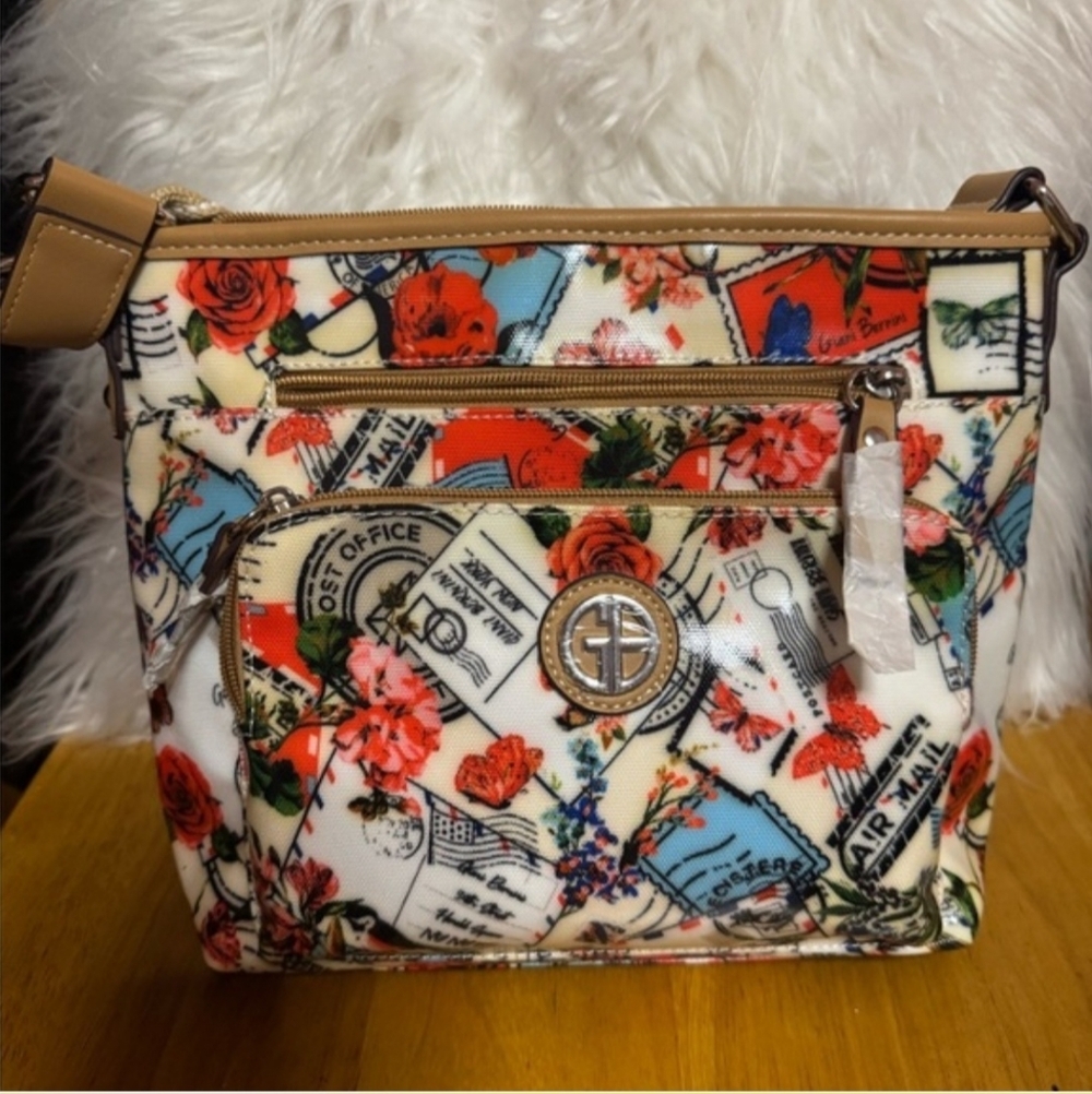 Giani Bernini Floral Postal Print Crossbody Bag in Cream, Red, Blue, Tan